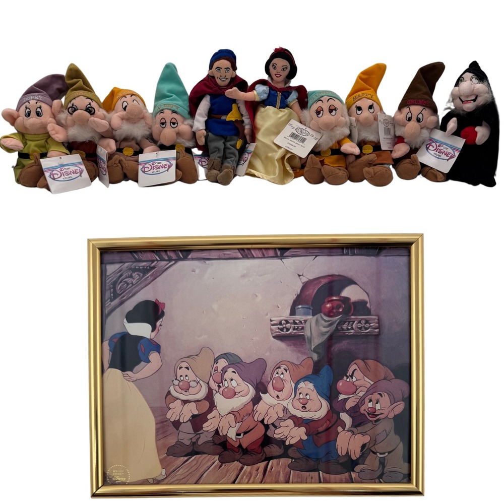 Disney Snow White‎ 7 Dwarfs Prince Witch Mini Bean Bag Lot of 10 and Lithograph